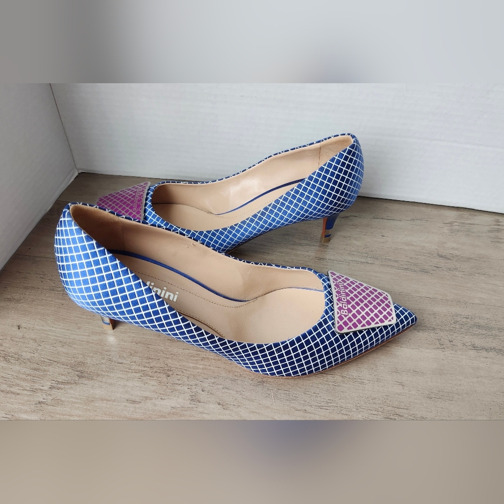 Baldinini Italian Designer Grid Print Kitten Heel Pumps Size 37.5 Made in Italy - Picture 12 of 16